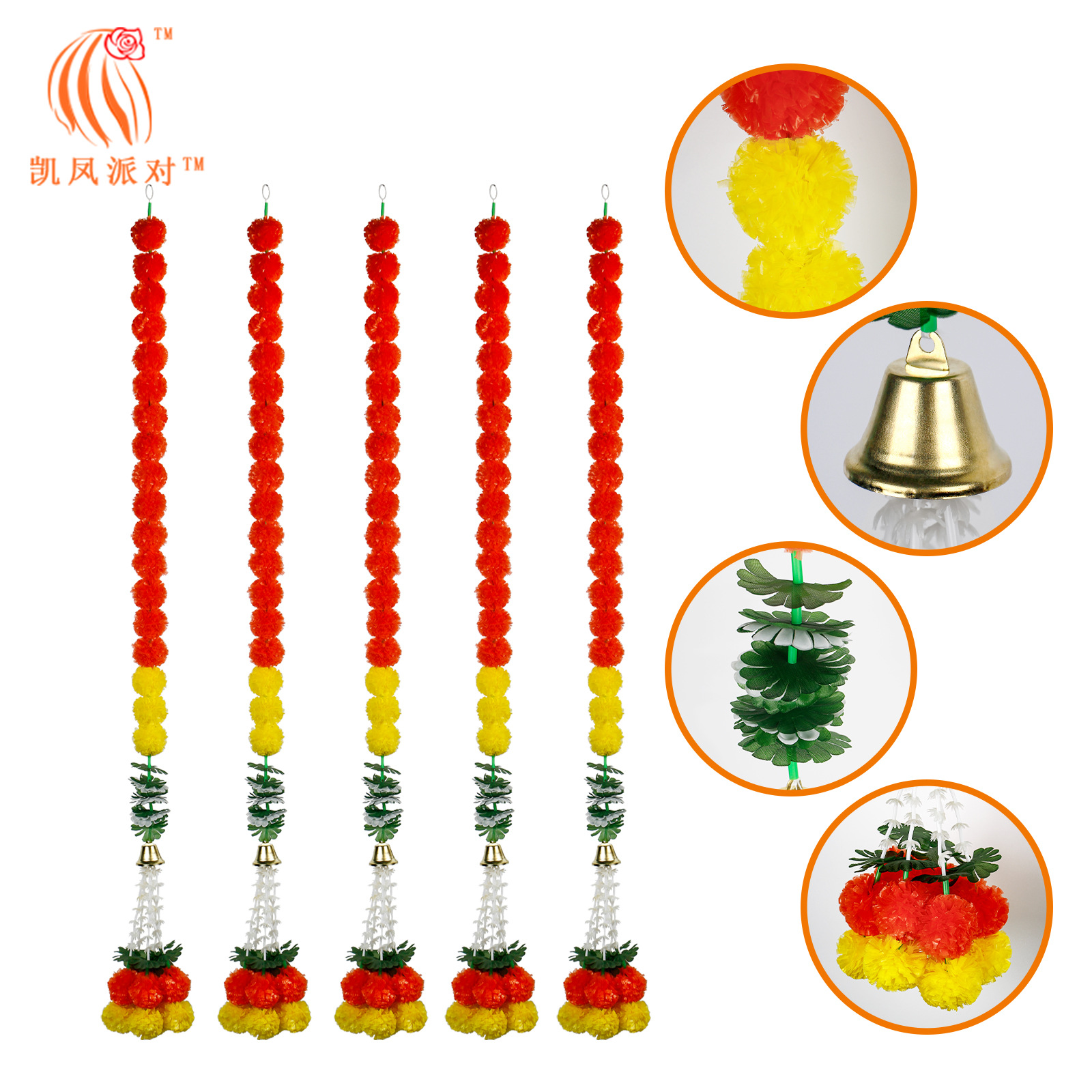 Caifeng Party India Diwali Halloween Day of the Dead Marigold Bells Wreath Festival Decoration Liturgy Articles