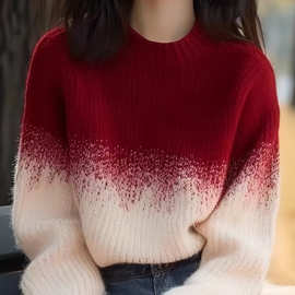 安可拉红杏色渐变圆领毛衣女2025春秋冬新款针织衫独特超好看上衣