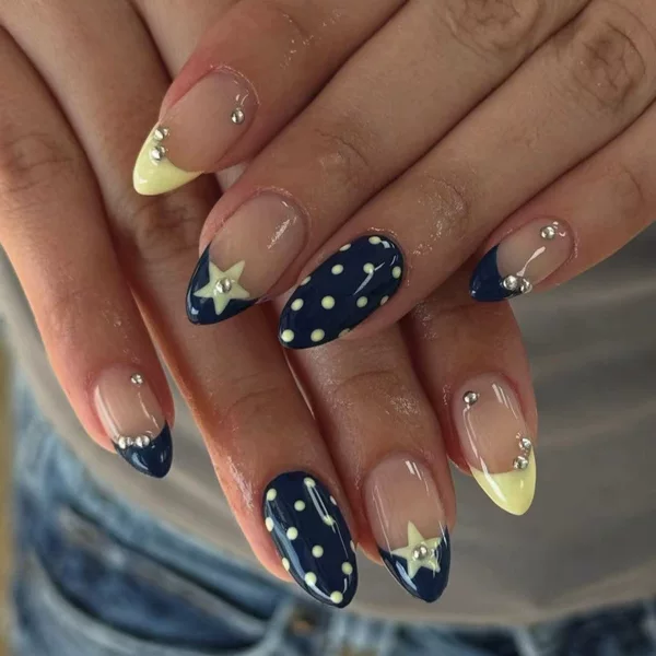 Foreign Trade Wearable Nails, Navy Blue and Yellow, French Polka Dot Star Manicure Pieces, Fake Nail Pieces, Factory Wholesale 24 Pieces