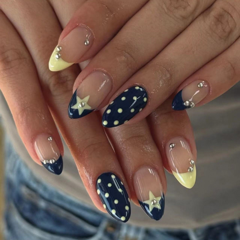 Foreign Trade Wearable Nails, Navy Blue and Yellow, French Polka Dot Star Manicure Pieces, Fake Nail Pieces, Factory Wholesale 24 Pieces