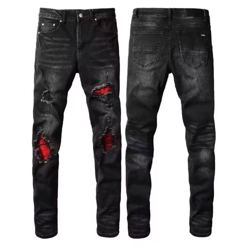 Amiri Export Slim Fit Elastic Four-Season Splicing Embroidered Leather Label Ripped Printed Fashion Men's European and American Jeans