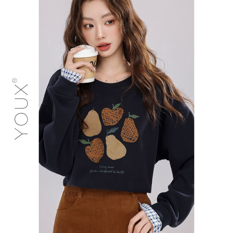 又巷【小梨挂月】刺绣格子袖卫衣女2025秋新款复古拼接假两件上衣|undefined