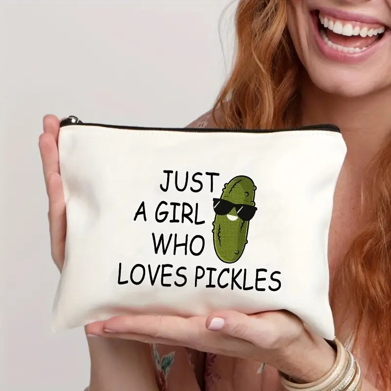 Bolsa de Maquillaje de Lino con Estampado de Pepino de Temu, Bolsa de Almacenamiento de Cosméticos con Cremallera para Mujer, Impresión a Doble Cara