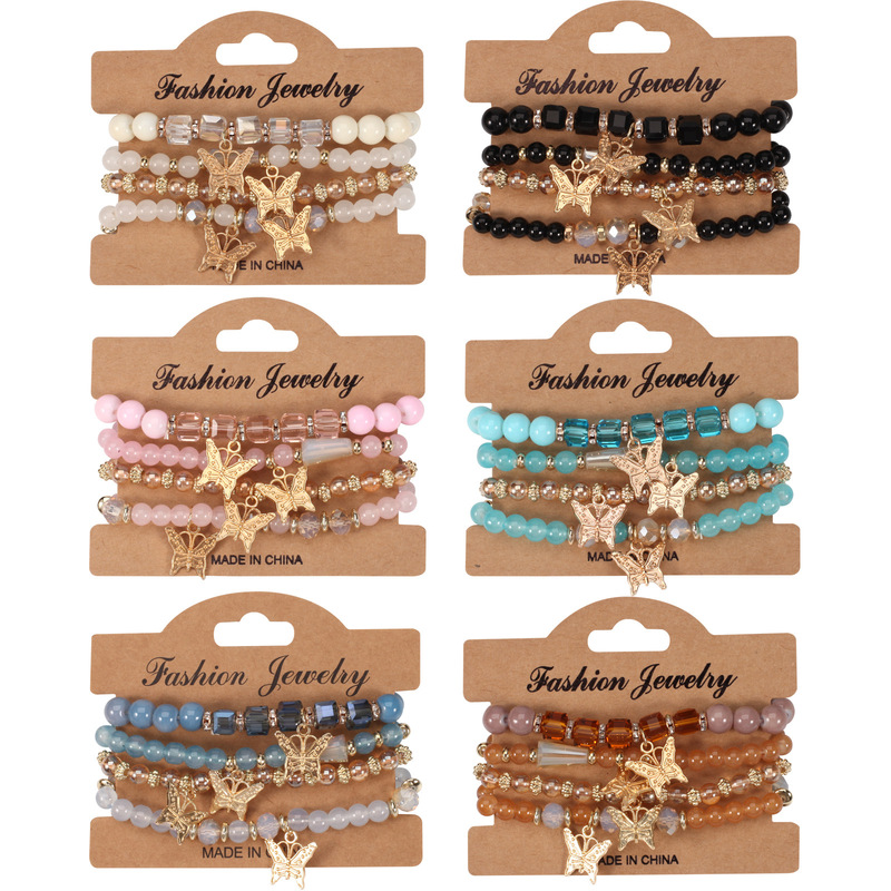 Bohemian Multi-Layered Butterfly Hanging Bracelet, Hand-Beaded 4 Pieces/Set, Artificial Crystal Glass Diamond Bracelet