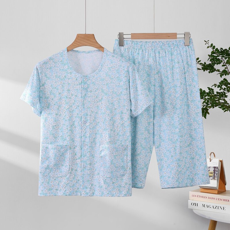 100% Pure Cotton Floral Short-Sleeved Pajamas for Women, Summer Home Wear Set for Middle-Aged and Elderly, Loose Large Size Round Neck Cardigan 100% Pure Cotton Floral Short-Sleeved Pajamas for Women, Summer Home Wear Set for Middle-Aged and Elderly, Loose Large Size Round Neck Cardigan