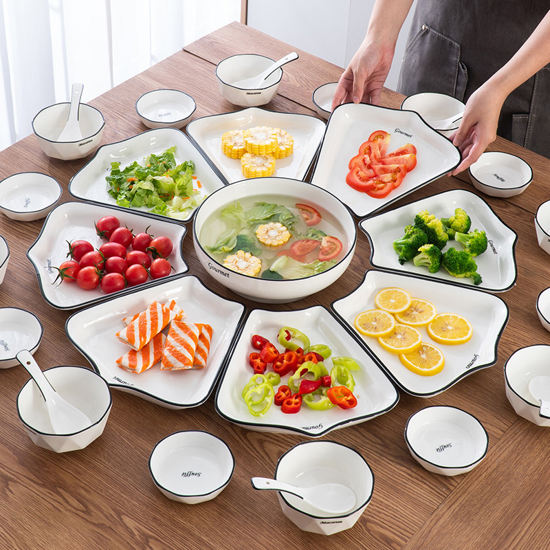 Tiktok Influencer-Style Simple Home-Use Black Line Ceramic Platter Tableware Set Bowls Plates Round Dinner Party Display Tiktok Influencer-Style Simple Home-Use Black Line Ceramic Platter Tableware Set Bowls Plates Round Dinner Party Display