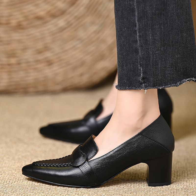 Centimeter Soft Sheepskin Retro-Style Brown Shallow-Mouthed Chunky Heel Single Shoes for Women, Autumn Commuting Pointed-Toe Comfortable High Heels