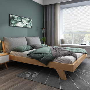 Nordic Solid Wood Bed 1.8m Double Bed Master Bedroom Wedding Bed Log Homestay Small Apartment 1.5 Soft Back Bed Low Box