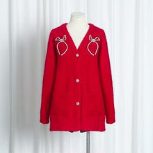 [現貨]2022紅色新年寬松毛衣春季新款時尚開衫蝴蝶結減齡針織上衣