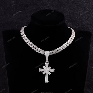 Moissanite Full Crown Cross Pendant Electroplated Alloy Personalized Versatile Cuban Necklace Jewelry