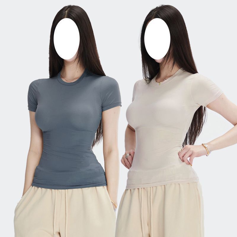 半袖春夏スリムフィット伸縮性右肩タイトピンクTシャツ半袖トップス女性用|undefined