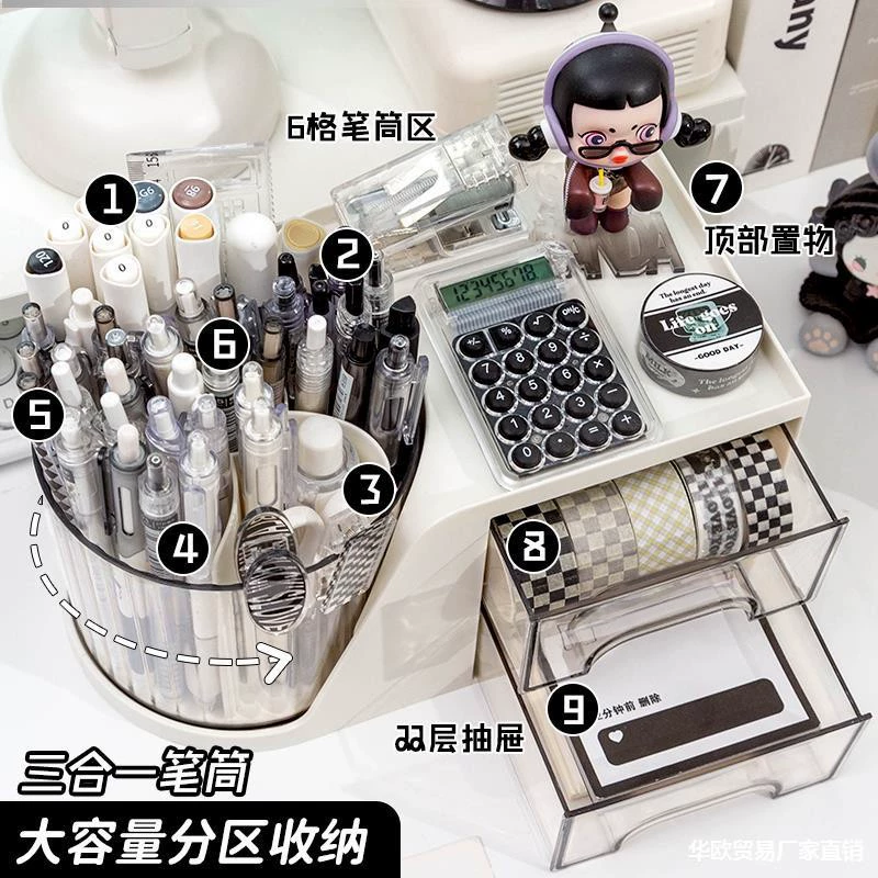 Rotating Cosmetic Organizer, Multi-Compartment Makeup Storage Box with Drawers and Brush Holder