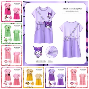 Girls' Nightgown Spring and Autumn Short-sleeved Thin Children's Pajamas Girls' Cartoon Medium and Big Children's Western Style Summer Home Clothes Outer Wear