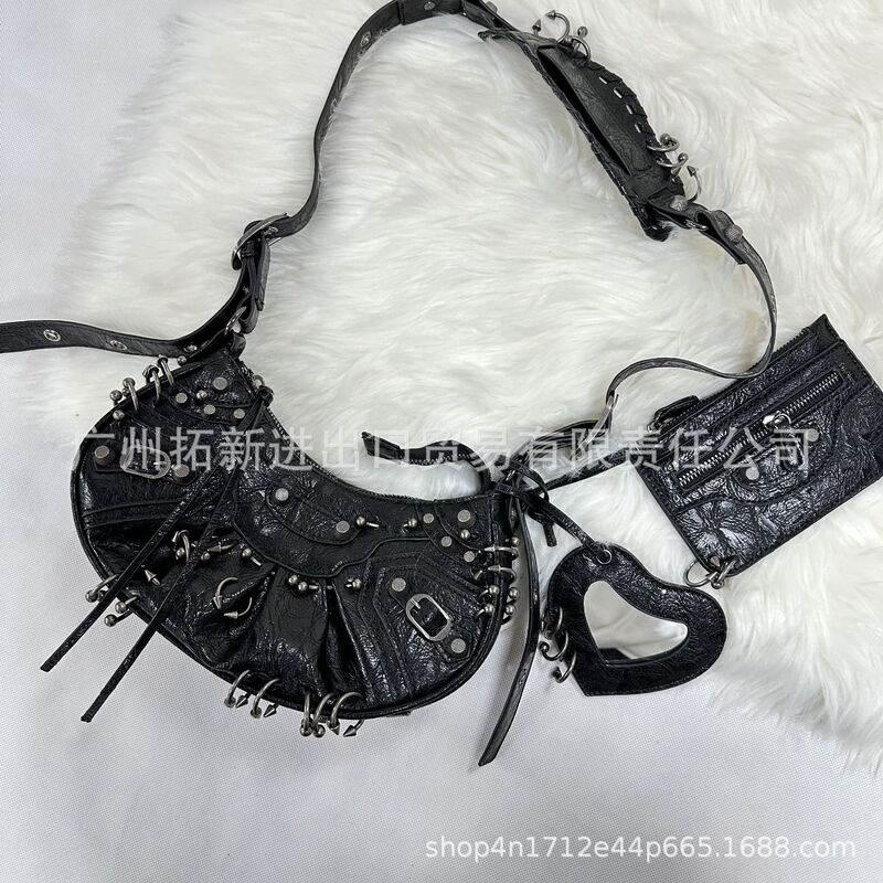 Cross-Border New Motorcycle Bag Underarm Bag Fashion Trend ~ Rivet Tassel Three-In-One Pleated Crescent Crossbody Shoulder Bag Cross-Border New Motorcycle Bag Underarm Bag Fashion Trend ~ Rivet Tassel Three-In-One Pleated Crescent Crossbody Shoulder Bag