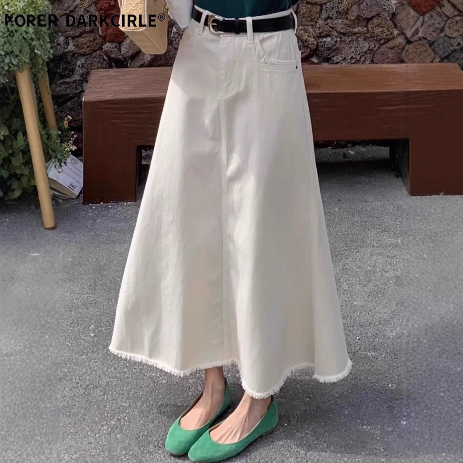 Off-White Denim Skirt for Women 2025 Spring & Fall High-Waist Slimming Look Raw Edge Mid-Length Hip-Covering A-Line Fishtail Skirt