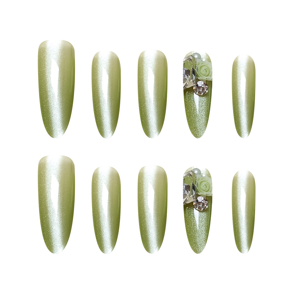10 piezas de diamantes cuadrados decorados con pegatinas de uñas de flores, uñas de uñas ovaladas largas, uñas de perro finas de ojos de gato hechas a mano