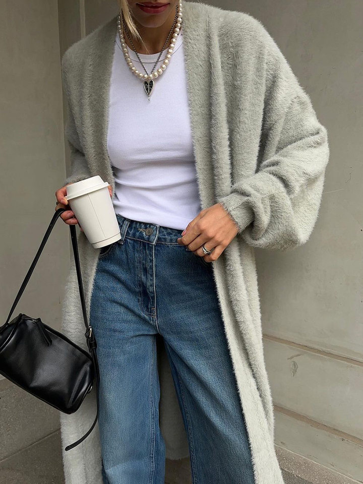 Áo cardigan len lông mềm dáng dài rộng cổ chữ V tay dài — hồng, màu xám, quần kaki chi tiết 47