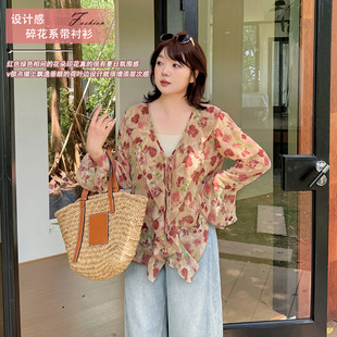 Shuangtian 25 New Summer Plus Size Women's Clothing 100kg Fat Sister Design Floral Lace-Up Shirt 8897