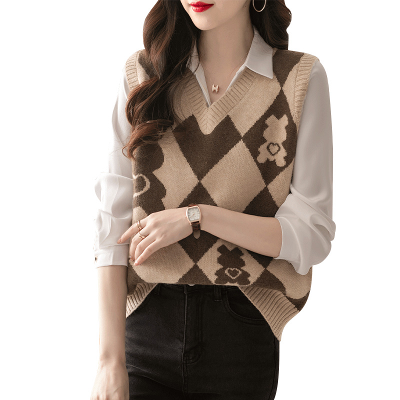 Retro rhombus cartoon age-reducing knitted vest vest for women with spring sweater vest top vest