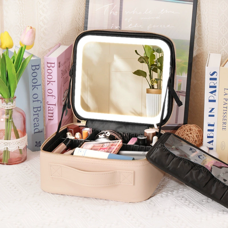 Table storage box with light, mirror, handheld cosmetic bag, purse, organizer bag