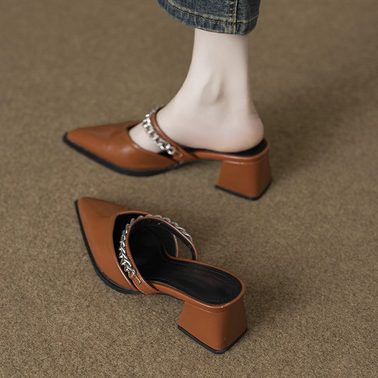 Soft Leather Stylish and High-End Feel Mules for Women, Suitable for Outdoor Wear, 2026 New Model, Can Be Paired with Skirts, High-Heeled Single Shoes