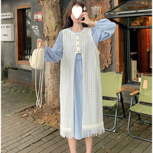 森系小清新蓝色衬衫连衣裙叠穿流苏镂空罩衫裙秋季氛围感穿搭套装