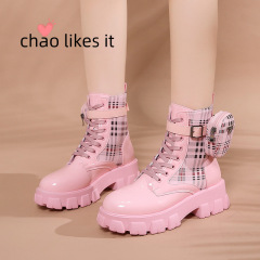 Women's Martin Boots 2024 New European and American Style Large Size Printed Small Leather Bag Platform Thick-Soled Lace-Up Short Boots