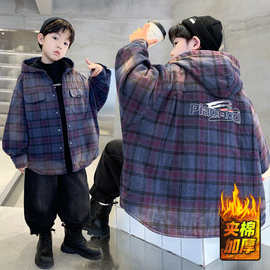男童冬季夹棉外套2025新款大儿童装洋气加厚保暖喷染格子衬衣风衣