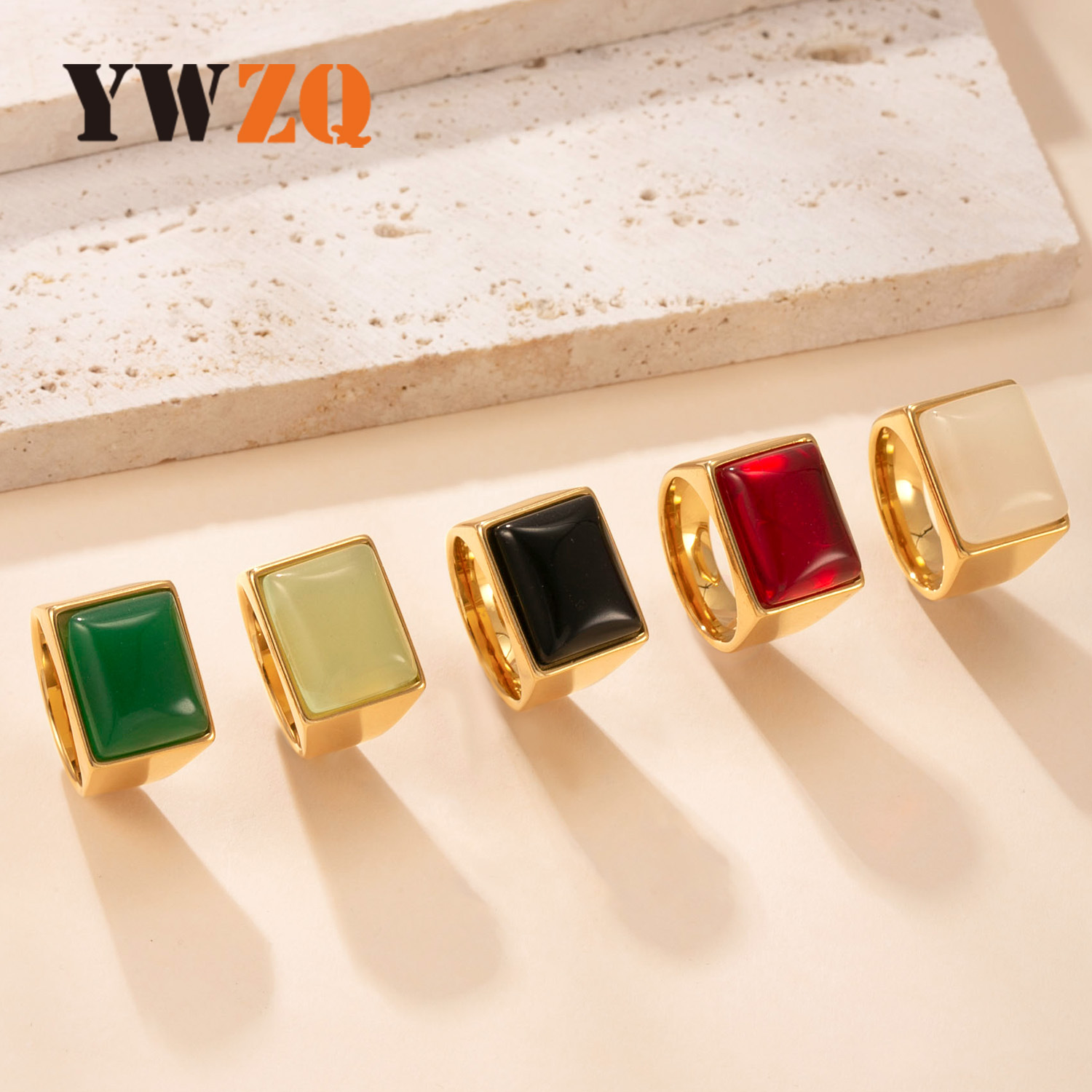 Anillo de acero de titanio transfronterizo europeo y americano de lujo ligero estilo palacio fundición cuadrado anillo de piedra natural joyería femenina de acero inoxidable