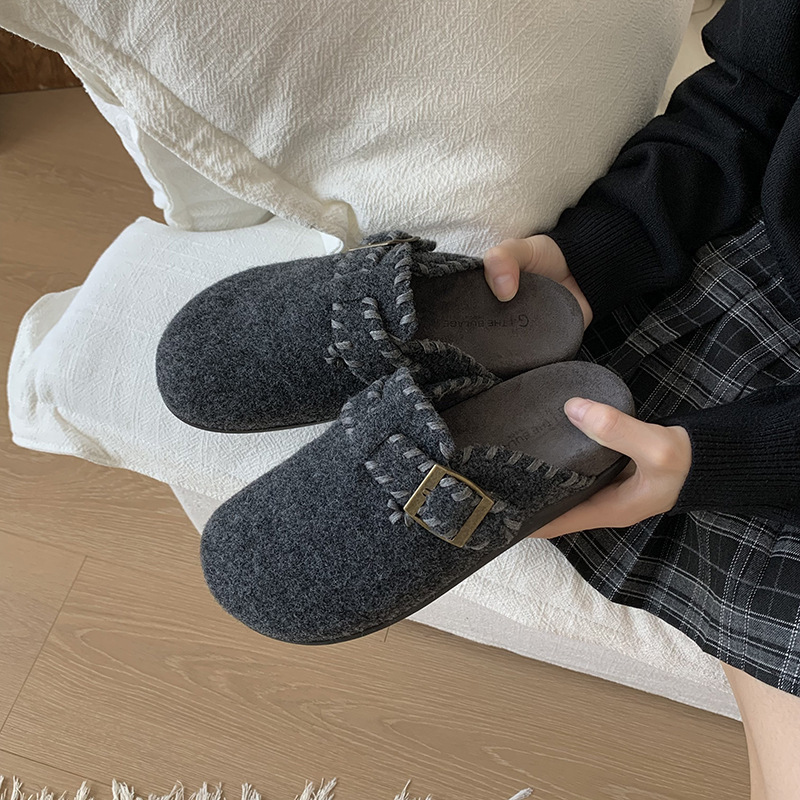 韩版复古晚晚风呢子包头半拖鞋女外穿一脚蹬厚底灰色毛毡勃肯鞋女|undefined