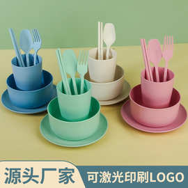 亚马逊小麦秸秆餐具套装盘碗杯便携餐具勺叉筷防摔碗盘碟套装礼品