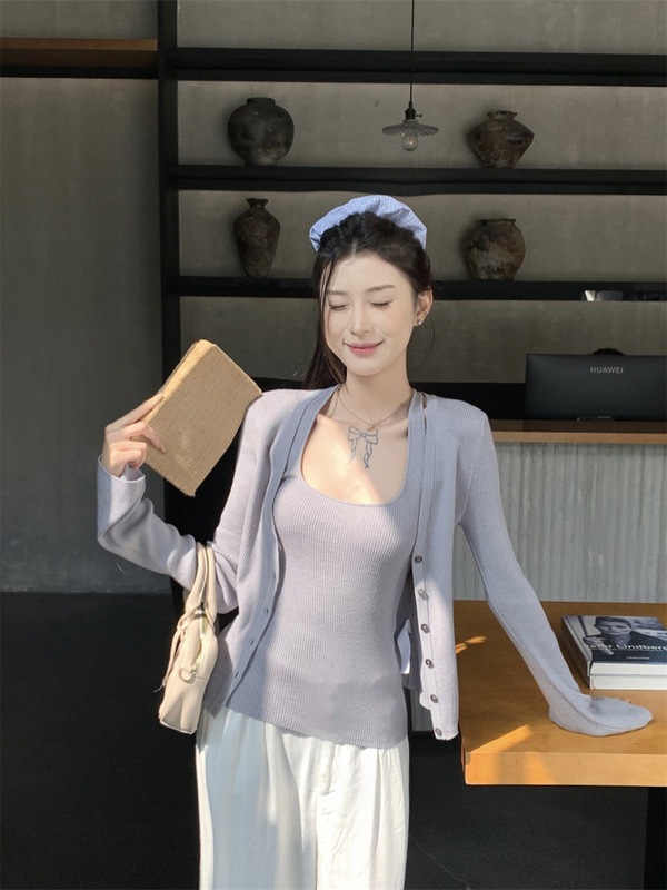针织开衫外套两件套装女春秋长袖挂脖吊带背心上衣|undefined