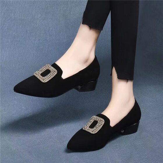 Autumn 2024 New Real Soft Leather Soft Bottom Frosted Middle-heel Small Leather Shoes Pointed Thick-heel Comfortable Mother Shoes Women