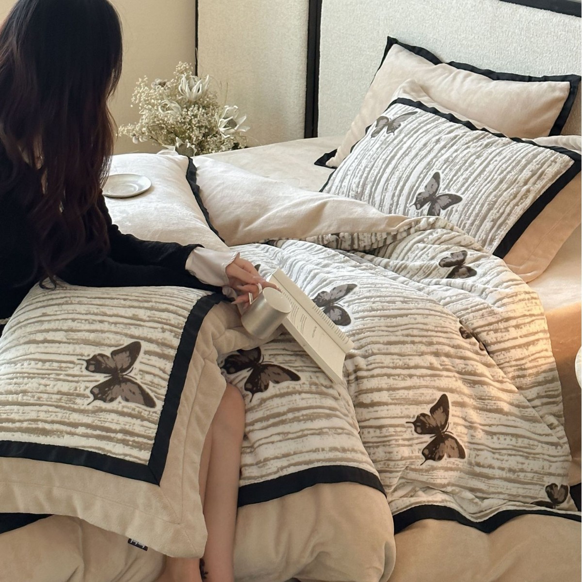 Conjunto de roupa de cama vintage estilo francês veludo_voghion.com