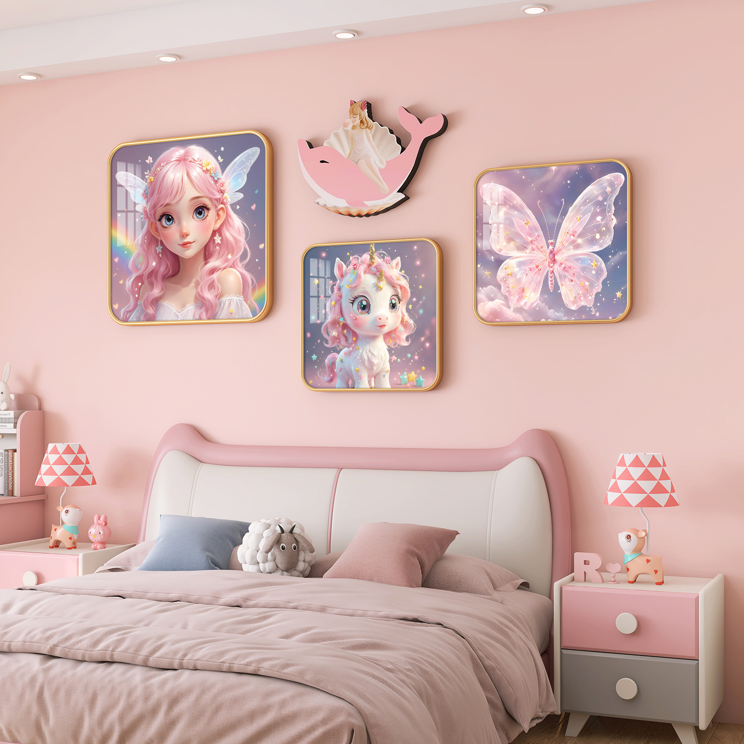 Modern boy children's room decorative painting Princess girl bedroom bedside background wall painting pink dolphin wall mural