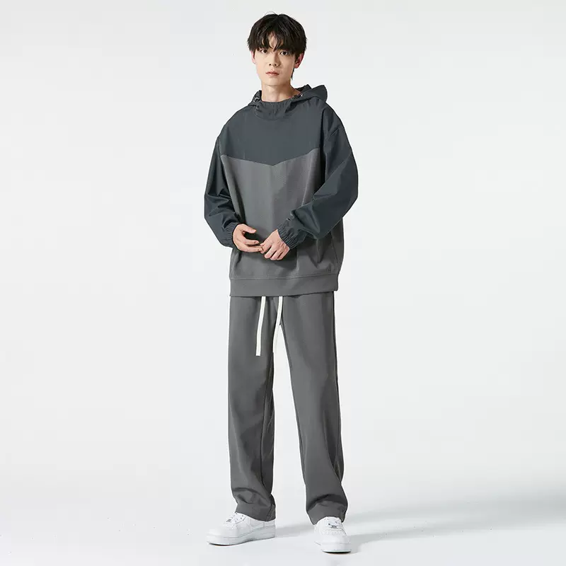 休闲运动套装男士春秋款宽松拼接连帽卫衣男直筒裤子男情侣两件套