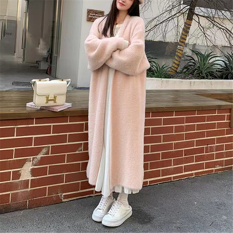模造ミンクベルベットの気質ロング膝上セーターカーディガン女性のための秋と冬の新しい怠惰なスタイルの緩い厚みのあるニットジャケット|undefined