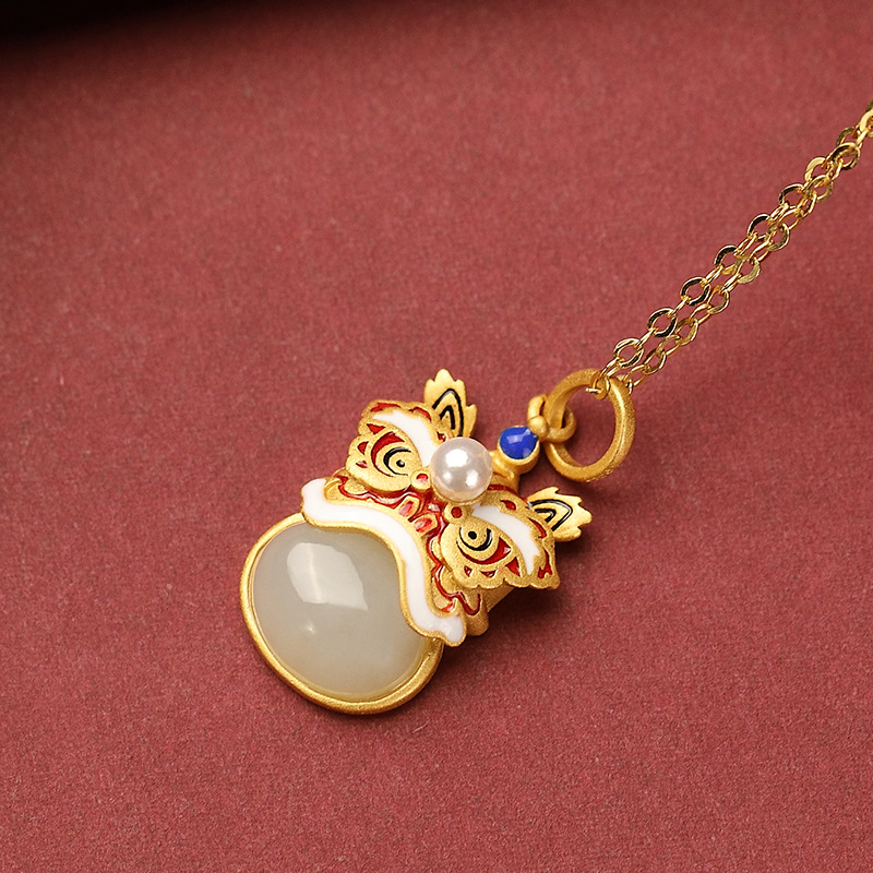 Mặt dây chuyền bạc S925 mạ vàng hình con nai, ngọc bích trắng Hetian thiết kế cá tính — Mặt dây chuyền (không có dây chuyền)