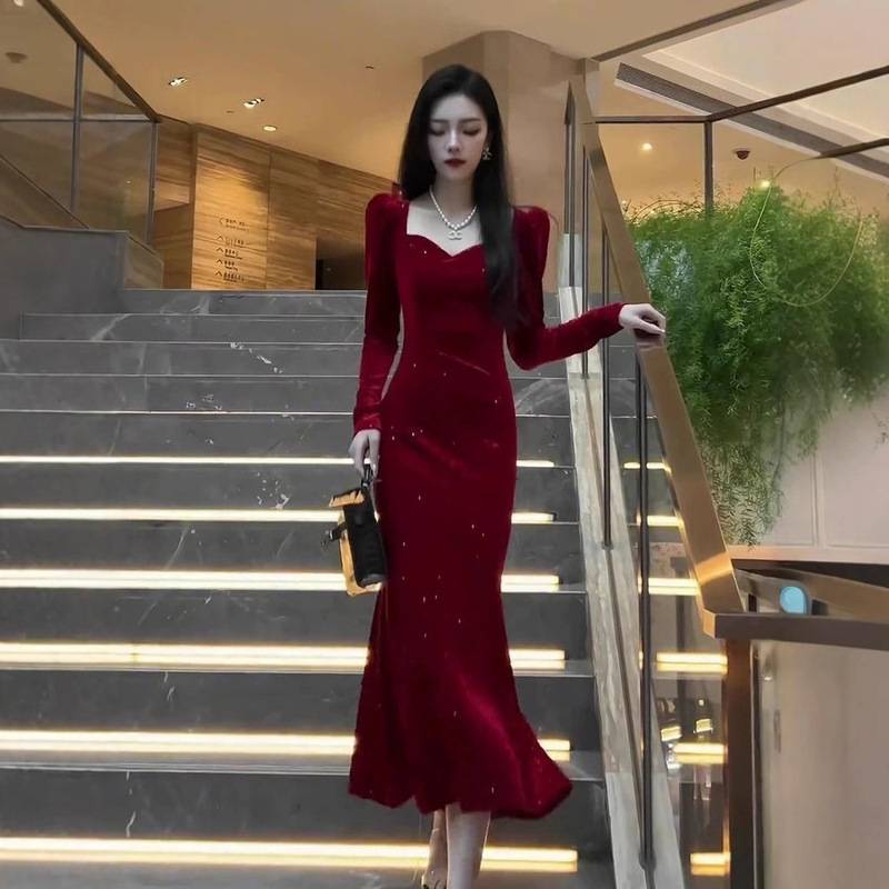 French Christmas Wear High-end Retro Over-knee Hip Dress Dress with Red Fishtail dress Hot Girl Women French Christmas Wear High-end Retro Over-knee Hip Dress Dress with Red Fishtail dress Hot Girl Women