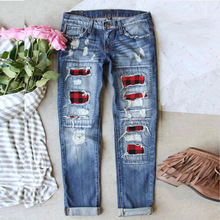 2021亚马逊速卖通女士牛仔裤红色破洞格子女士牛仔裤长裤
