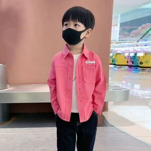 Boys' Pure Cotton Casual Pink Shirt Spring & Fall Korean Style Kidsren's Pure Color Fashionable Long-Sleeved Shirt for Small and Medium-Sized Kidsren