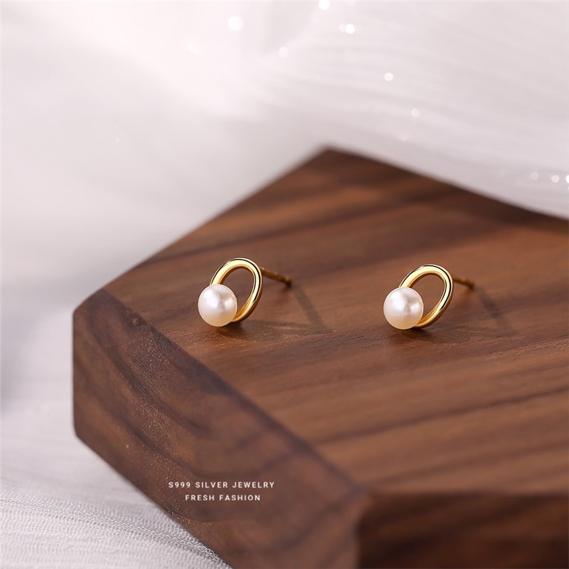 Boucles d'oreilles à tige perle design géométrique évidé argent_voghion.com