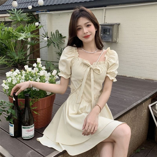 Tea Break French First Love Bow Dress Design Niche Solid Color Puff Sleeve Fairy A-Line Skirt Summer