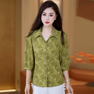 夏季时尚印花衬衫女装翻领宽松显瘦七分袖碎花雪纺衫减龄百搭上衣