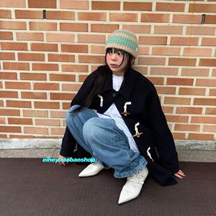 Eihey Autumn and Winter Preppy Style Lapel Horn Button Simple Woolen Loose Outwear Silhouette Woolen Outwear for Women