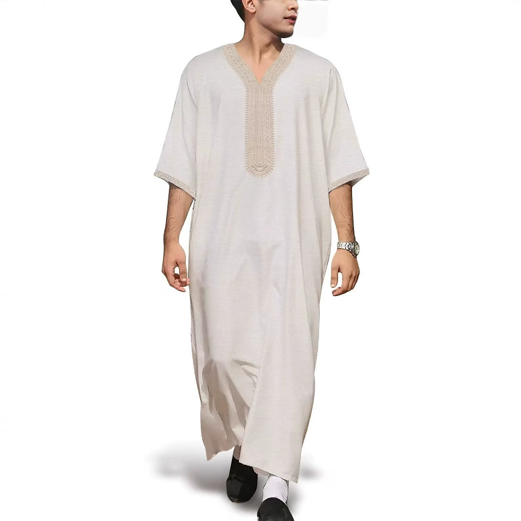2025 новый стиль высокого уровня вышивка thobe мужское платье мусульманский средний рукав льняная одежда с карманами
