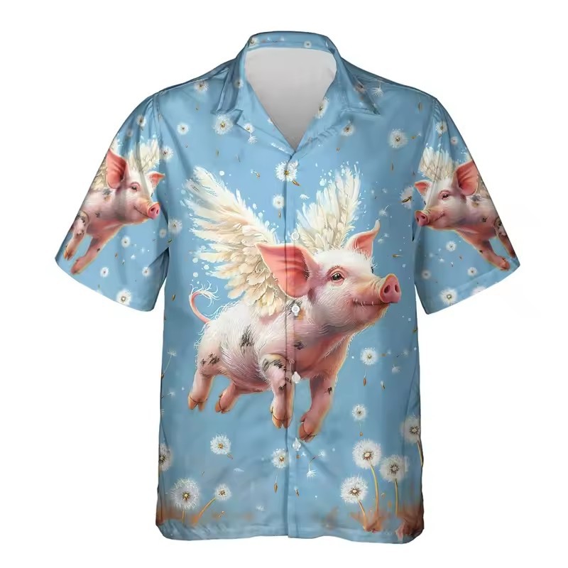 Divertido, lindo, lindo, flor, cerdo blanco, estampado 3D, personalidad de la calle para hombres, camisa suelta con botones de solapa de manga corta