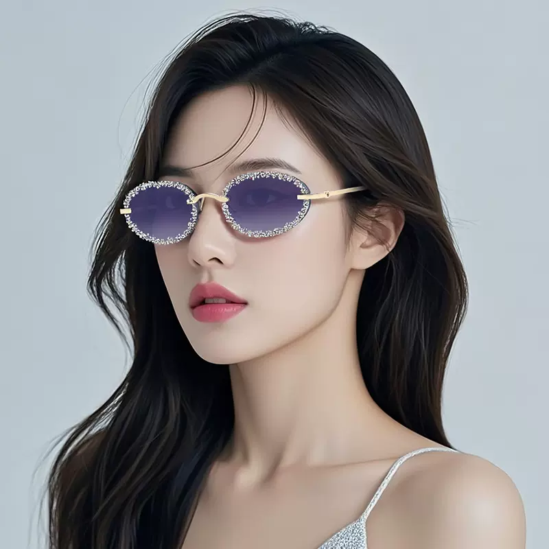 镶钻墨镜女高级感ins椭圆框金属网红跨境眼镜时尚欧美潮流太阳镜