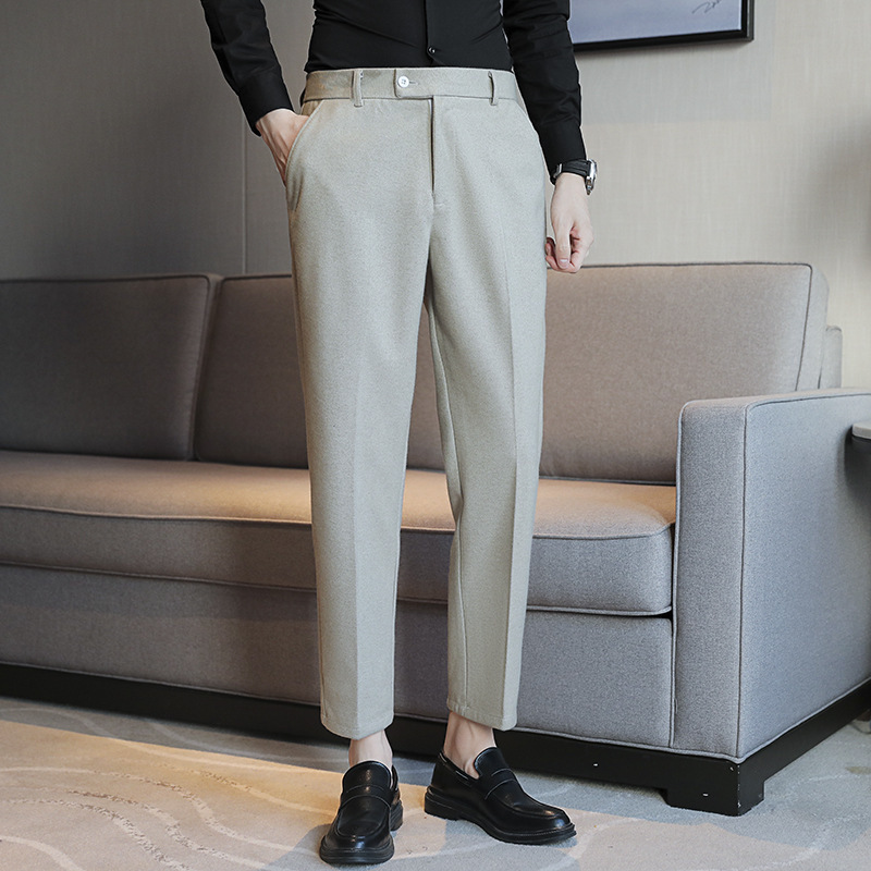 Winter Cropped Woolen Trousers Men's Straight Retro Brown Elathe Slim-Fit High-Grade Woolen Brown Casual Pants Winter Cropped Woolen Trousers Men's Straight Retro Brown Elathe Slim-Fit High-Grade Woolen Brown Casual Pants
