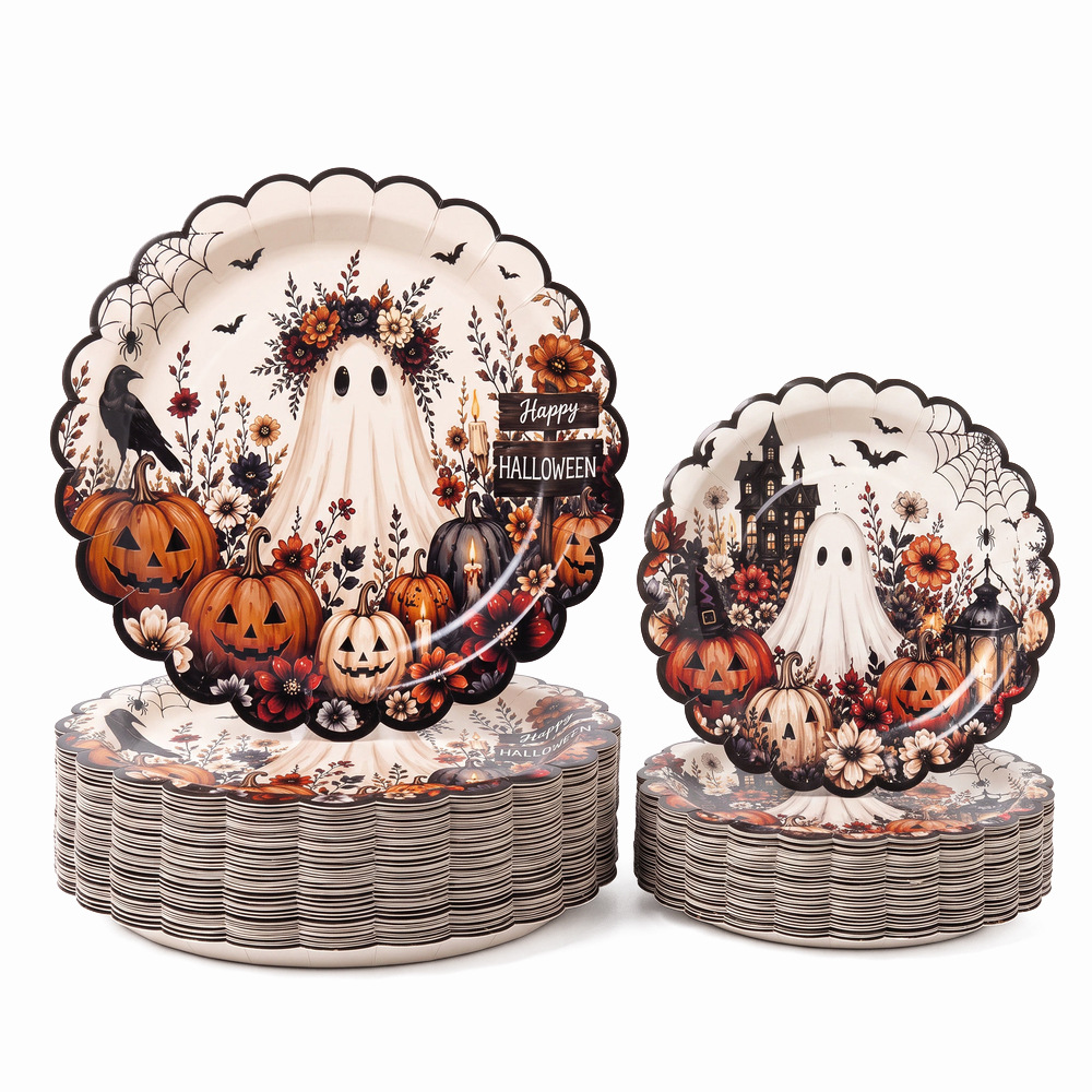 Vintage Floral Ghost Halloween Paper Plates Lace Disposable Dinner Plates Halloween Party Dessert Table Holiday Decoration
